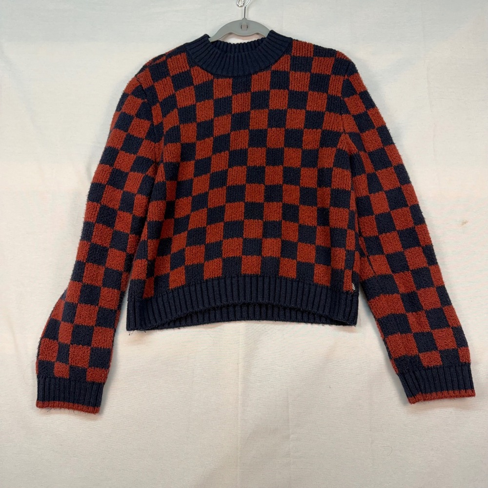 Vans Womens Small Checkered Crew Neck Sweater Navy Blue Rust Orange Knit Top